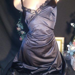 Vtg Silky Full Jet Black Slip Silky Gown Nightie Sexy Lace Pin Up Lingerie XL 46